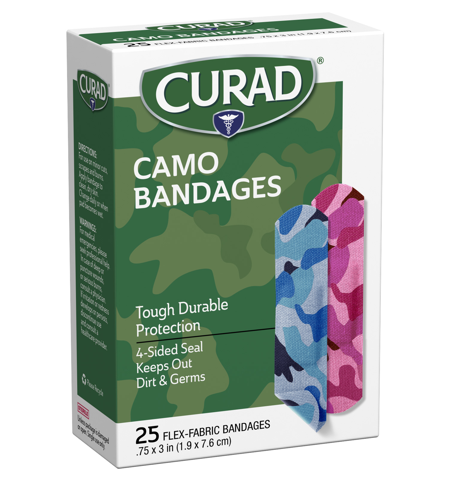 Curad® 3/4" x 3" Fabric Camo Bandages, Pink/Blue, 25/Bx