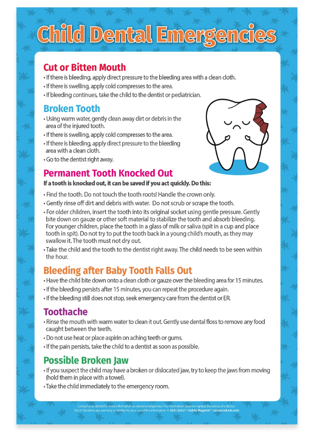 Child Dental Emergencies Poster, 12" x 18", Laminated