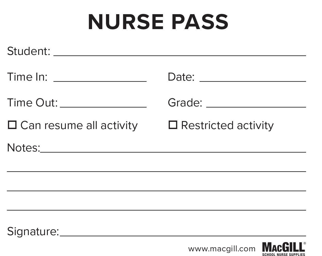 MacGill Nurse Pass, 50 Sheets per Pad