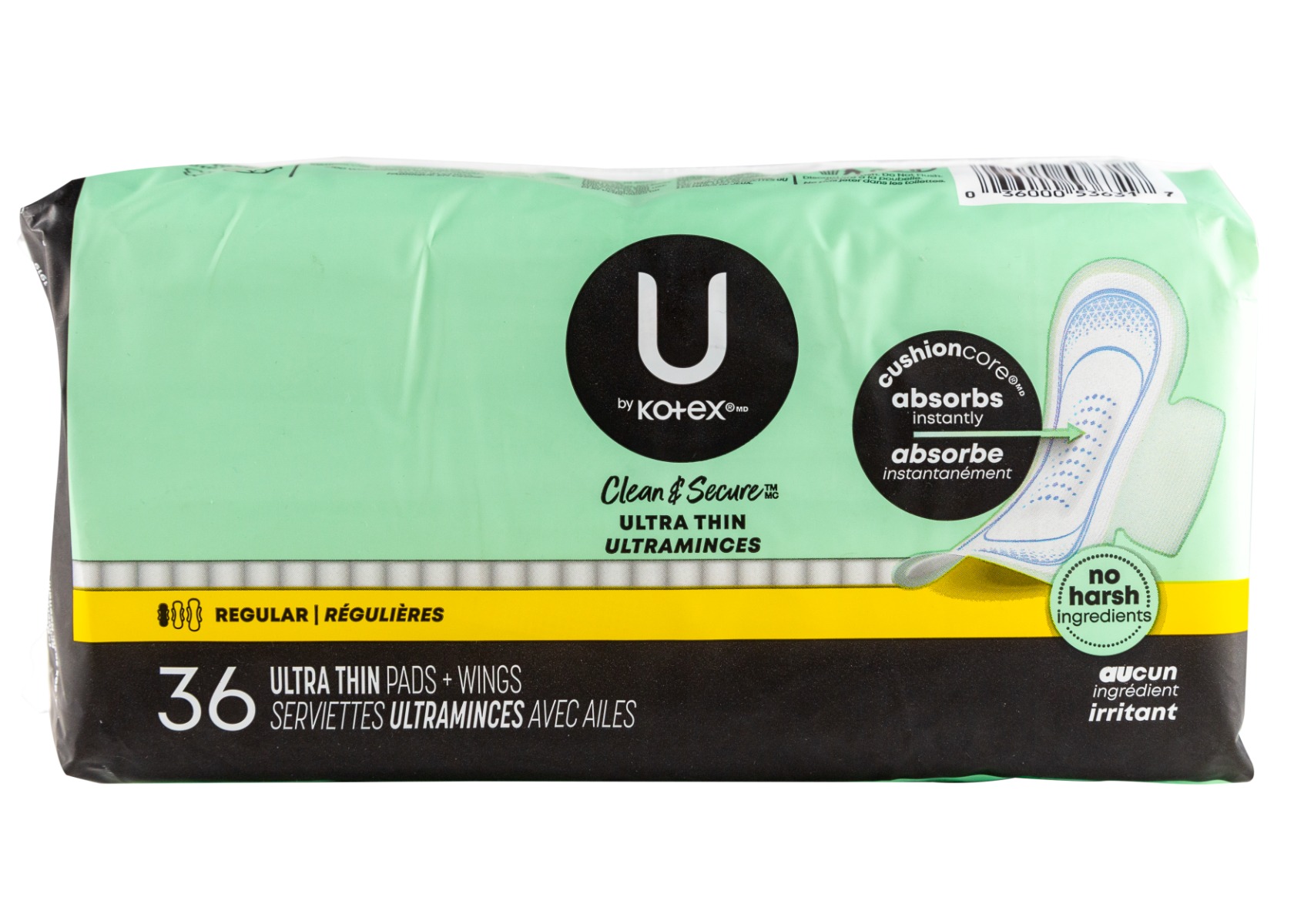 U by Kotex Ultra-Thin Regular Pads with Wings, 36/pack