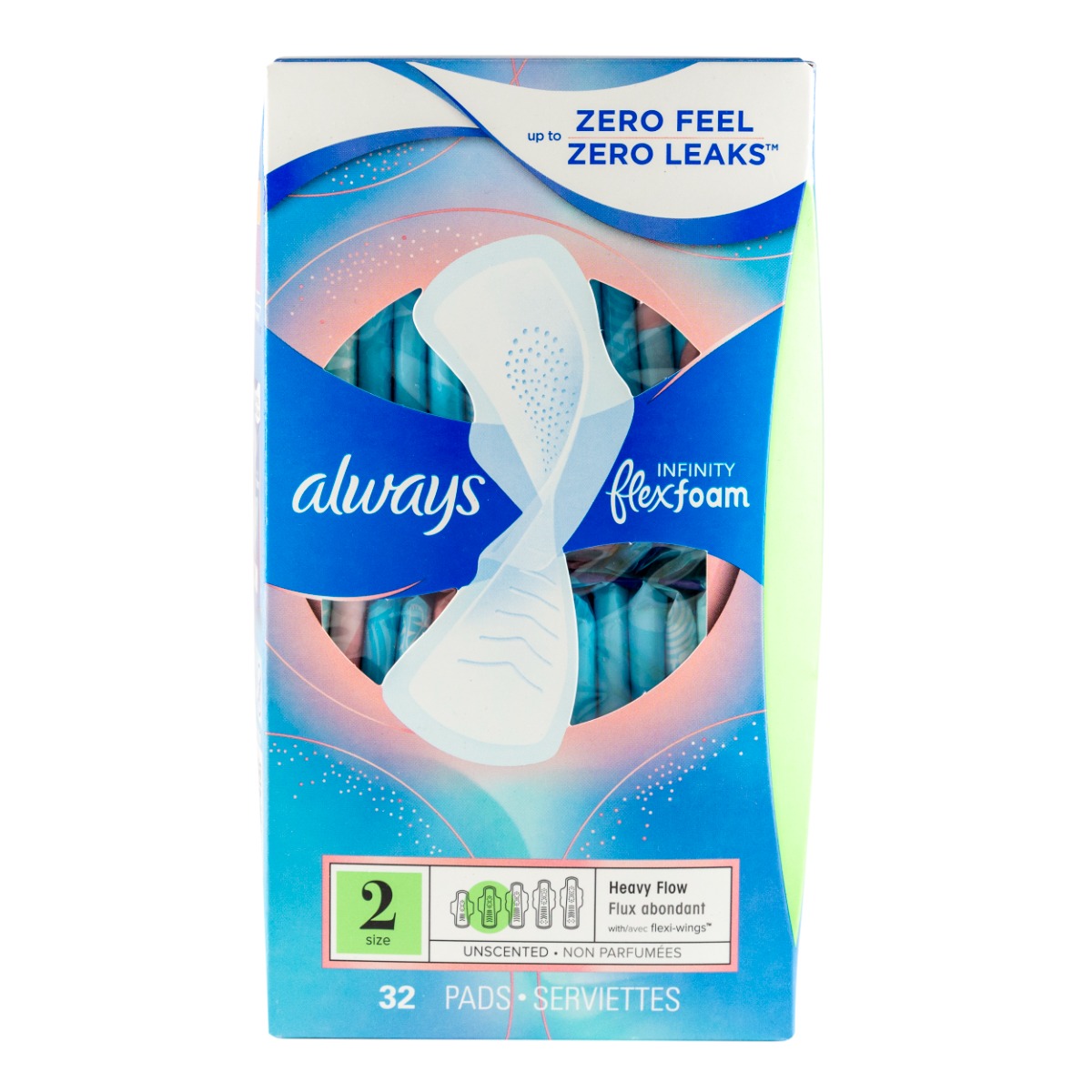 Always Infinity Size 2 Heavy Pads with Wings, 32/box