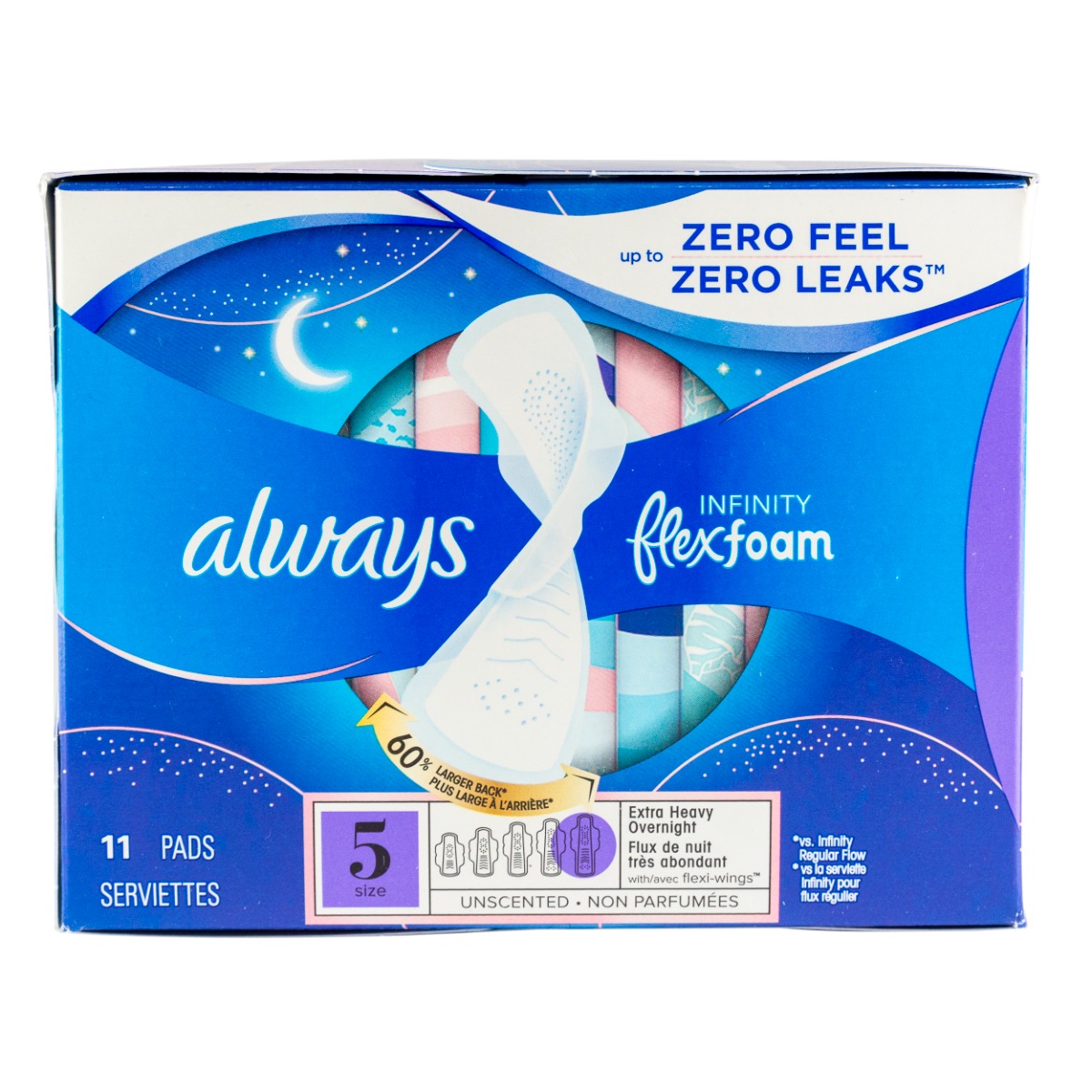 Always Infinity Size 5 Extra Heavy Pads with Wings, 11/box