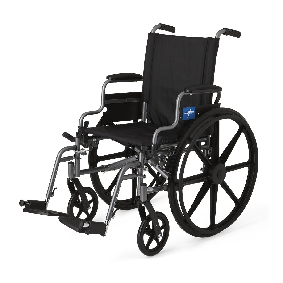 Wheelchair, 20" Seat, Padded Desk Arms, Elevating Legrests
