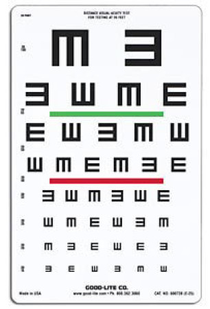 Wide Spaced "E" Chart with Green & Red Lines, 20 Foot