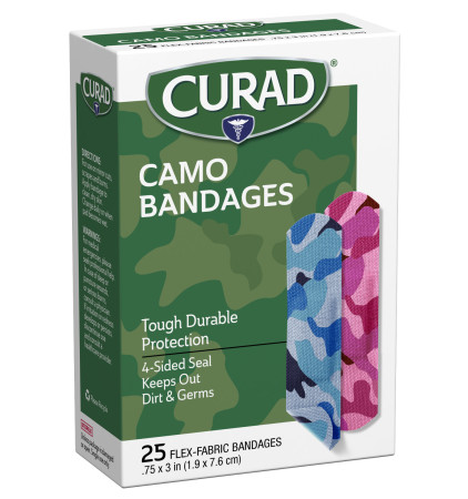 Curad® 3/4" x 3" Fabric Camo Bandages, Pink/Blue, 25/Bx