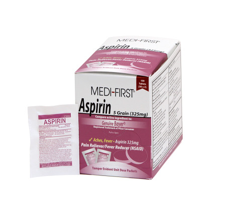 Aspirin Tablets, 325 mg, 50 Packs of 2 Per Box
