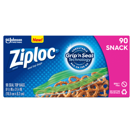 Ziploc® Snack Bags, 6.5" x 3.25", Zipper Seal (90/Bx)
