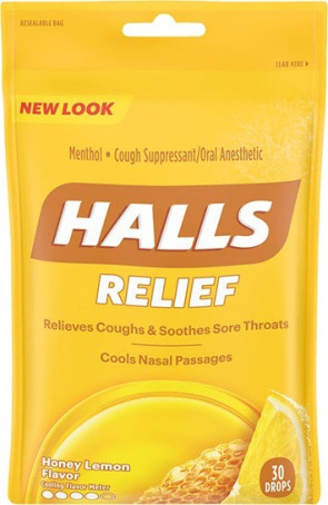 Halls Cough Drops, Honey Lemon 30/Bag