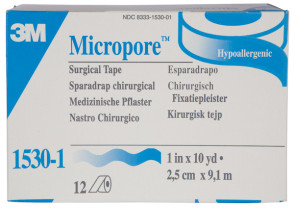 3M Micropore Paper Tape, 1" x 10 Yards, 12 Rolls Per Box