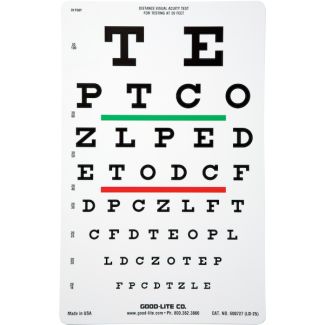 Linear Spaced Snellen Chart w/Green & Red Lines, 20 Foot